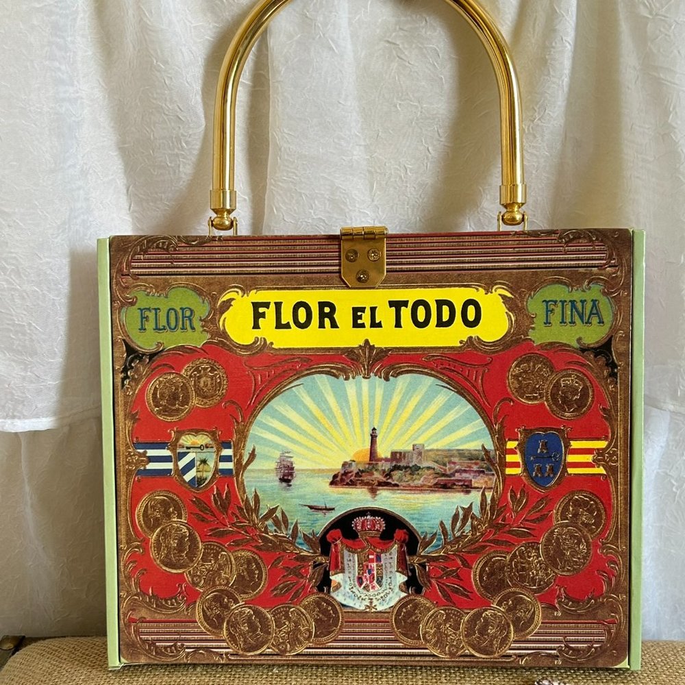 Vintage Colorful Cigar Box Handbag with Gingham Lining